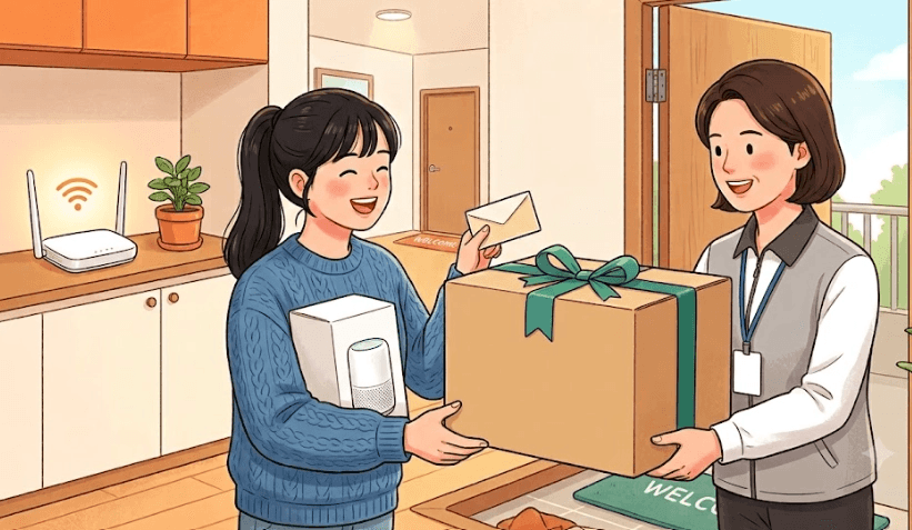 기사로부터 사은품 박스와 안내 봉투를 받으며 환하게 웃는 여성의 일러스트입니다. 뒤편 주방에는 기가 와이파이 공유기가 켜져 있어 인터넷 가입 혜택 수령 상황을 보여줍니다.
