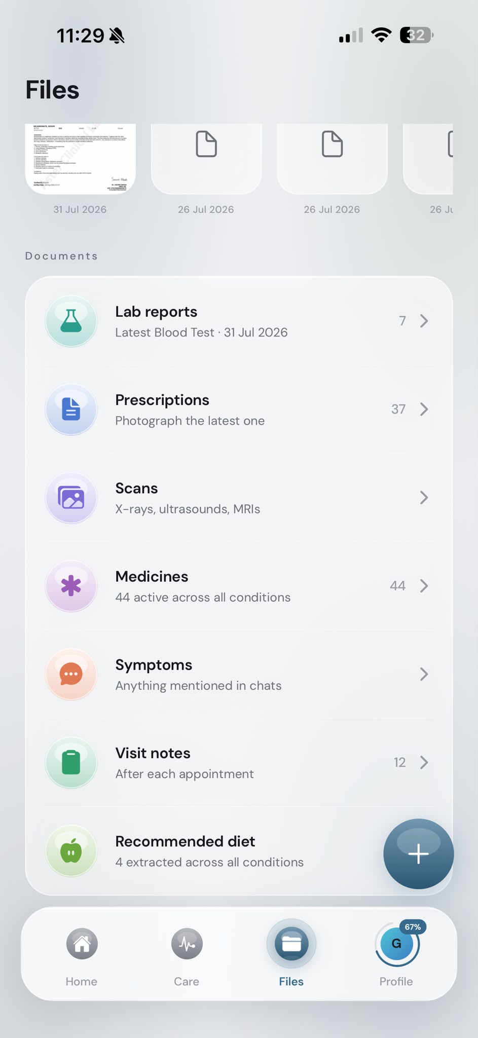 Pushpa Files Hub: recent document previews with dates and record categories with counts