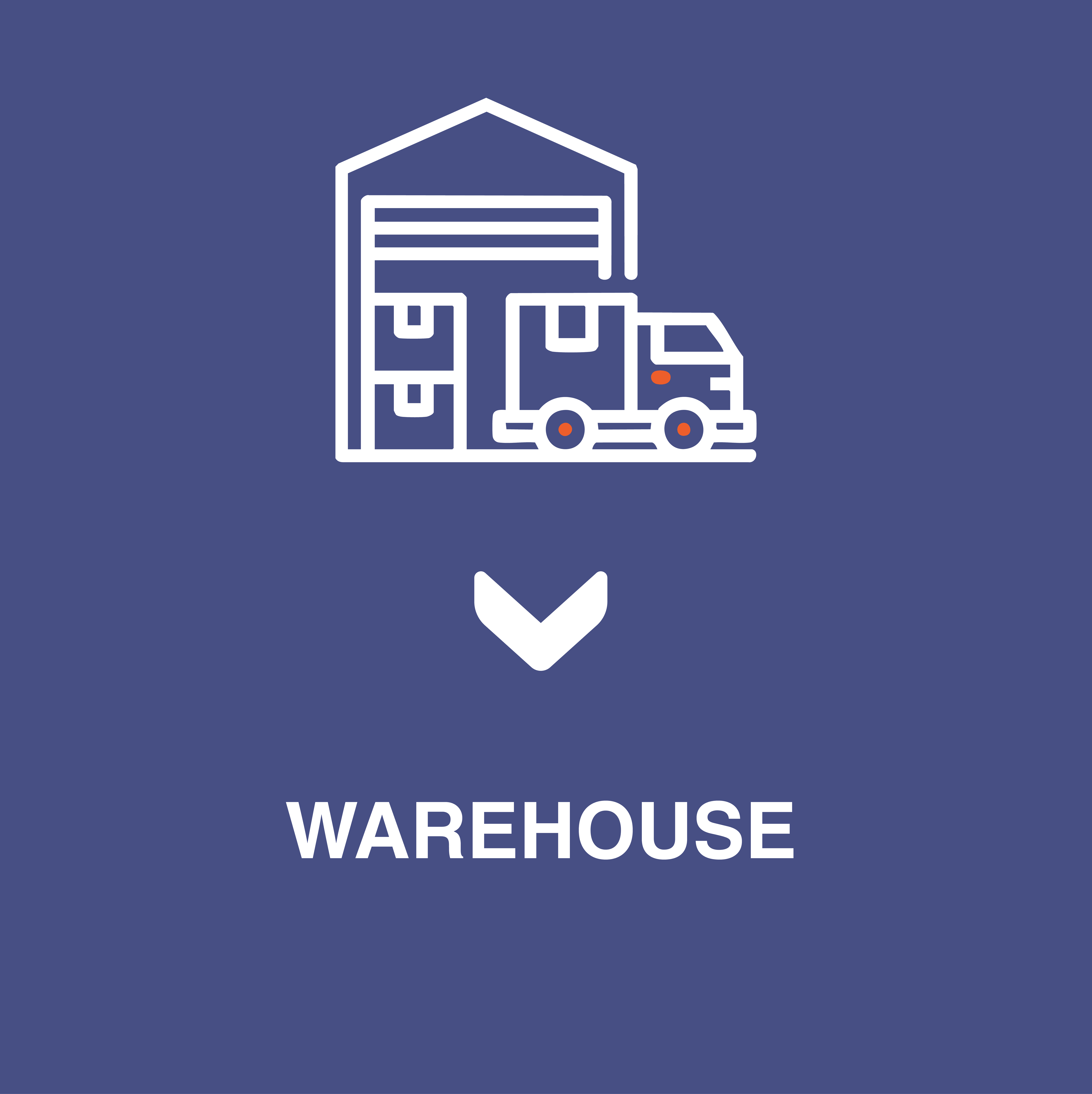icon of a haulage truck next to a warehouse in white on a blue background with text that says warehouse in white