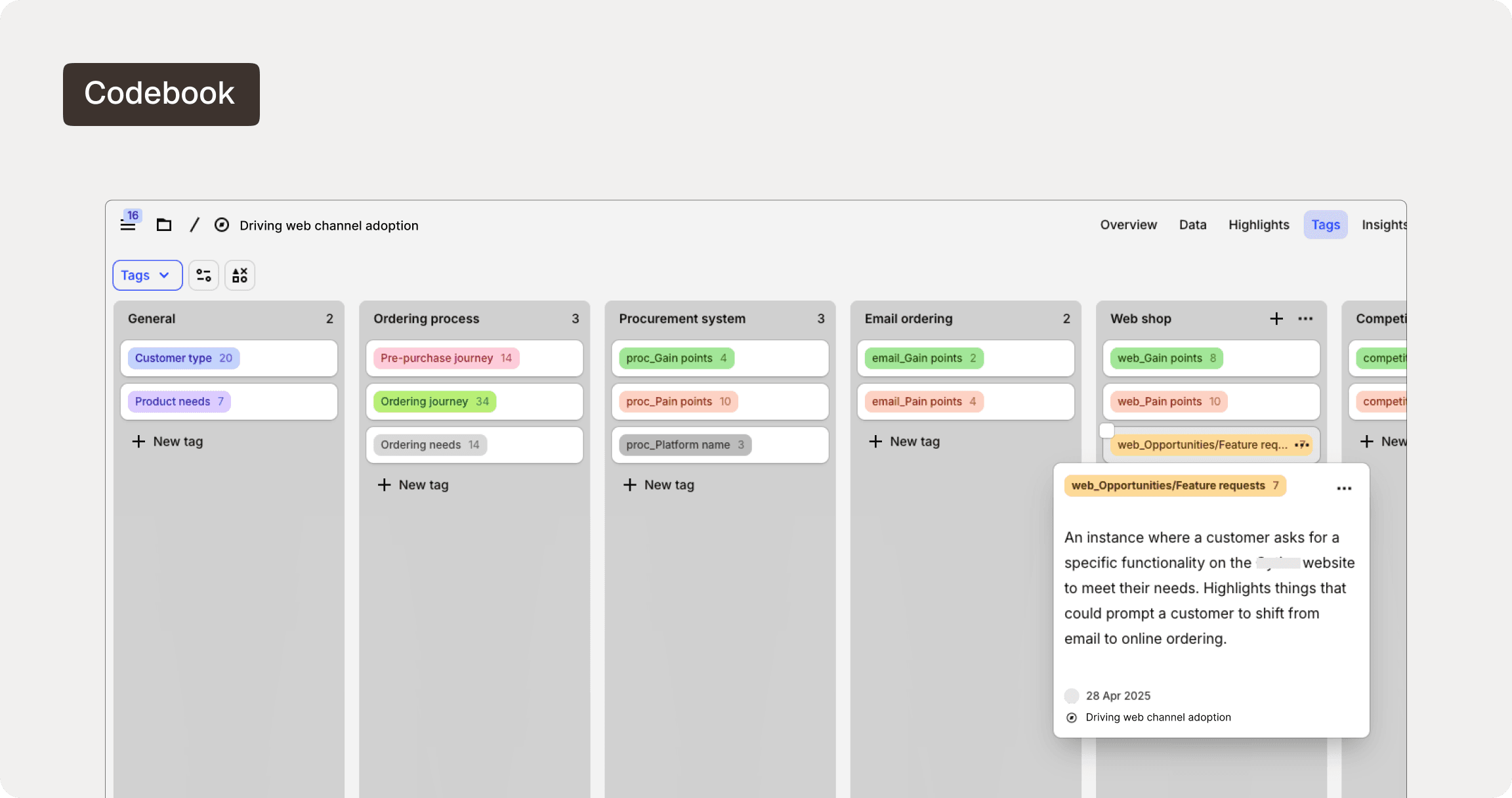 Kanban-style codebook interface showing categorized tags and their definitions for research analysis