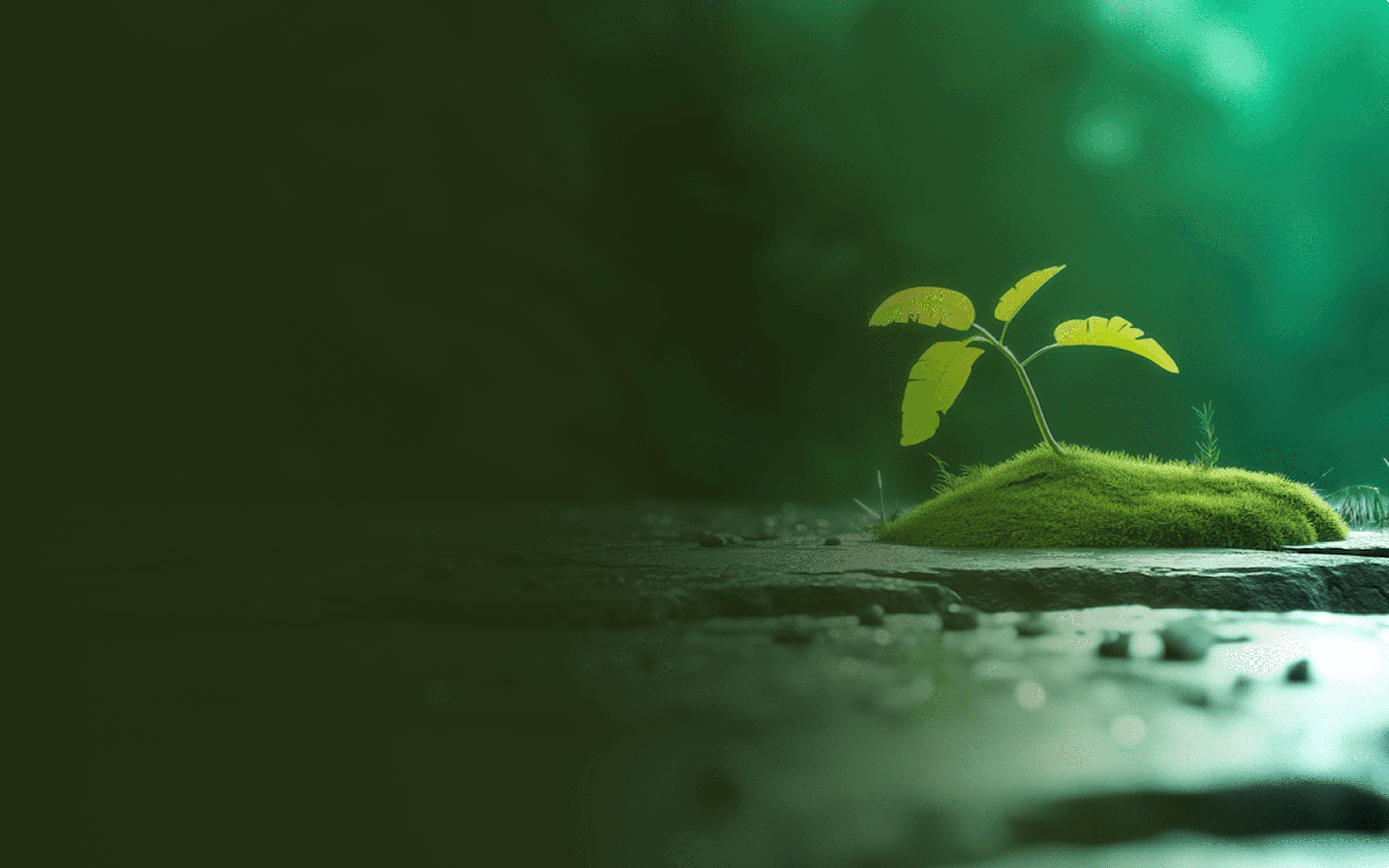 Tiny green seedling growing from moss on a dark stone.