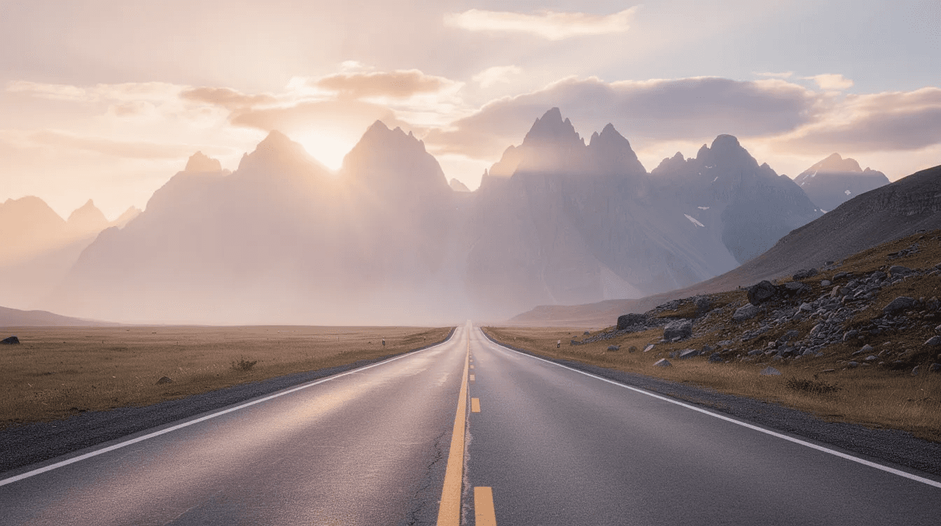 The image depicts a serene road winding towards majestic mountains, illuminated by the warm hues of a sunrise. This scene symbolizes the journey of overcoming behavioral biases and addressing financial objectives, much like navigating the complexities of investments that involve risks and market volatility.