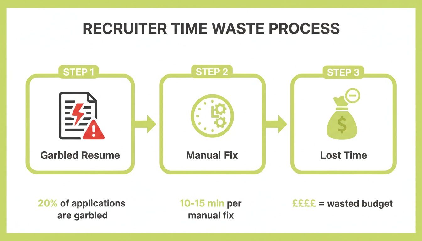 Infographic showing the recruiter time waste process: garbled resumes lead to manual fixes and lost budget.