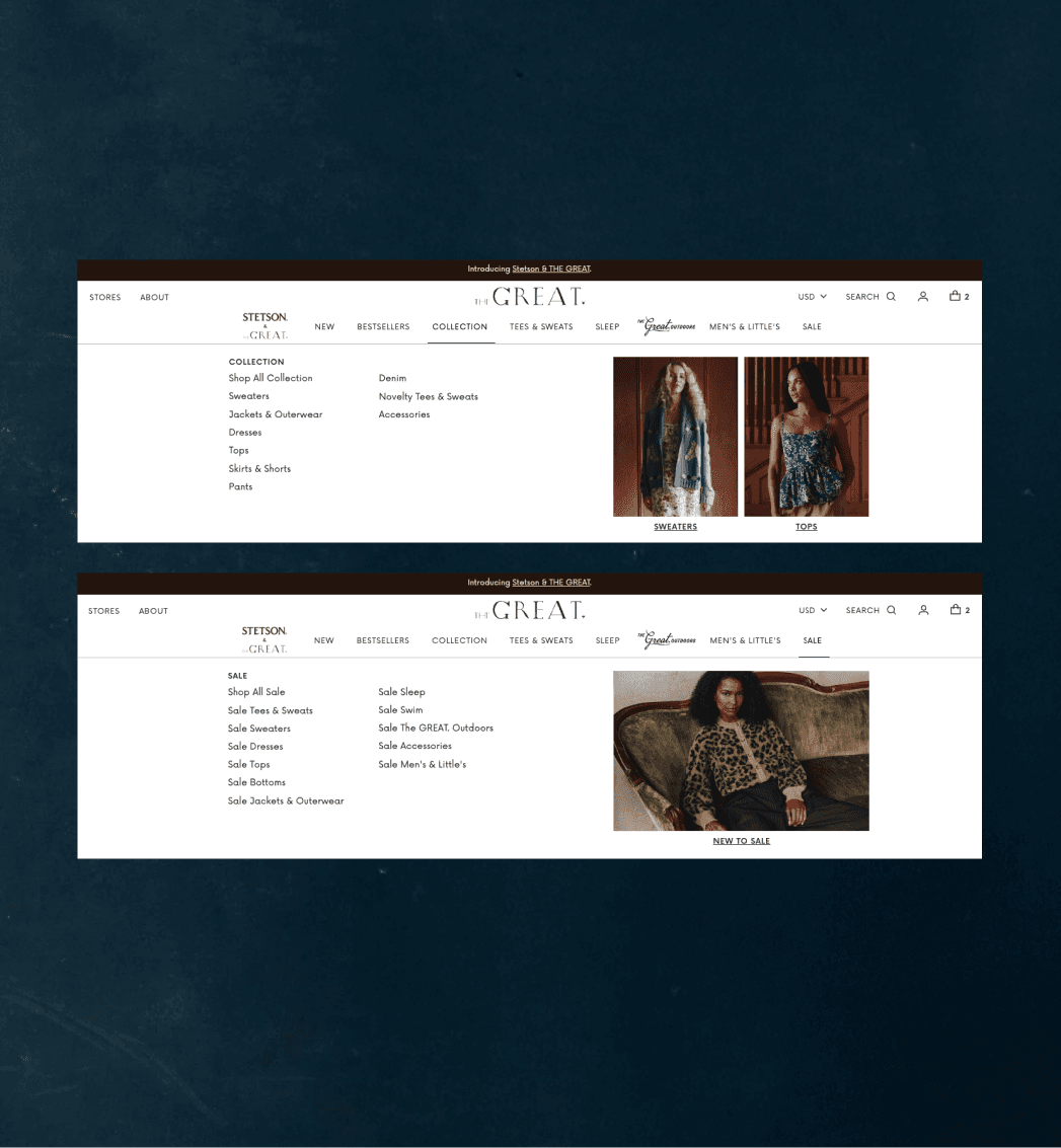 The GREAT. Shopify navigation and collection menu for fashion categories