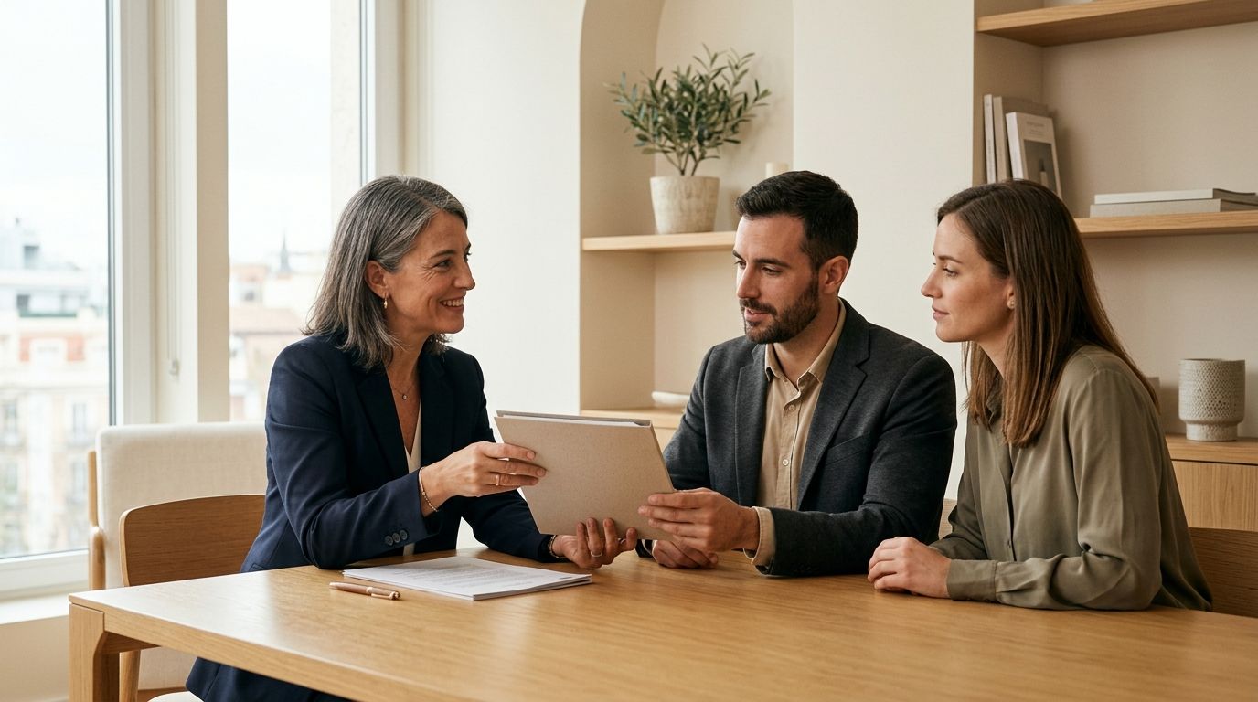 Asesora experta explicando documentos a una pareja en una reunión de negocios.