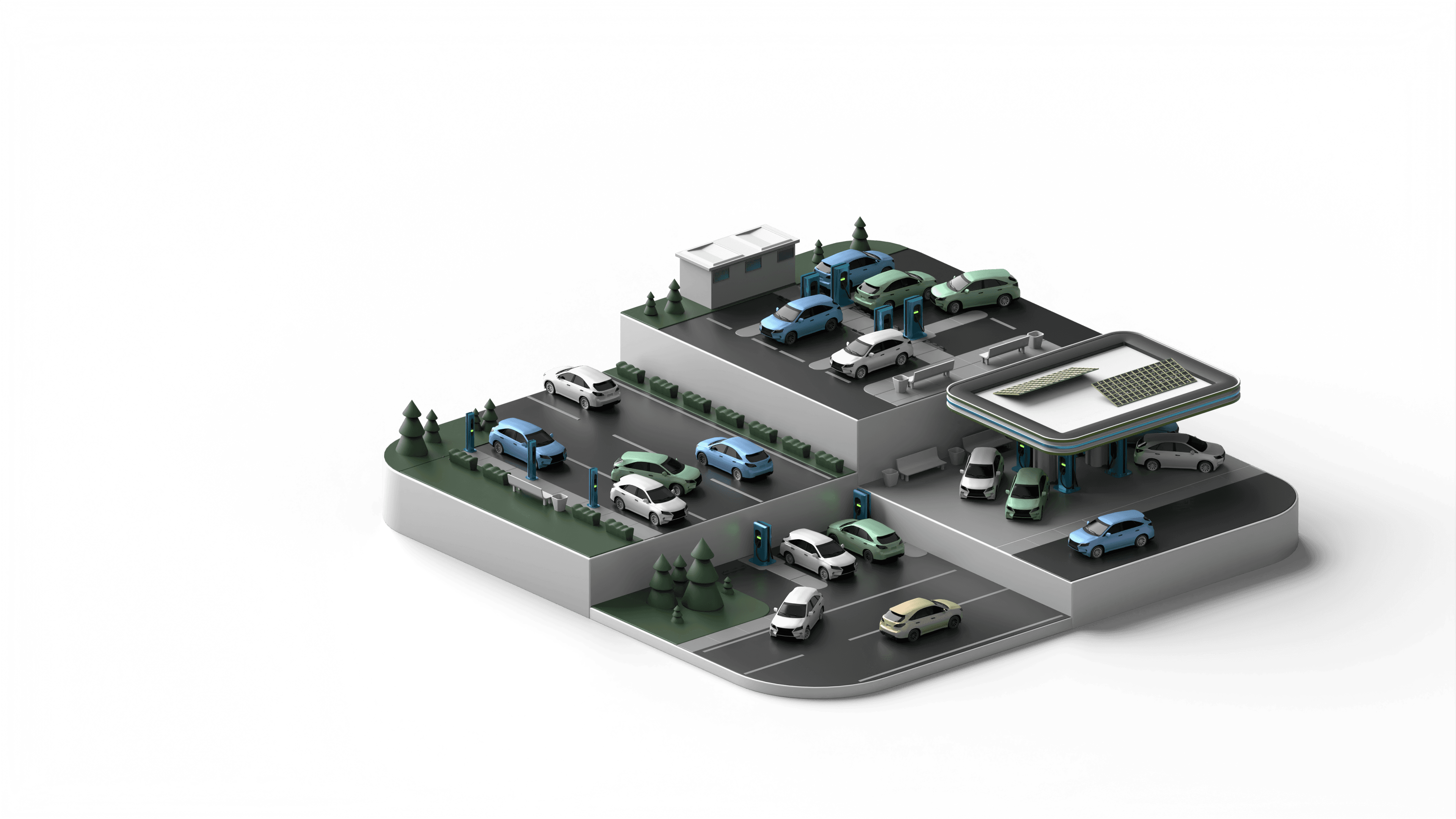 3D scene of a charging station filles with EV cars and different charging station types
