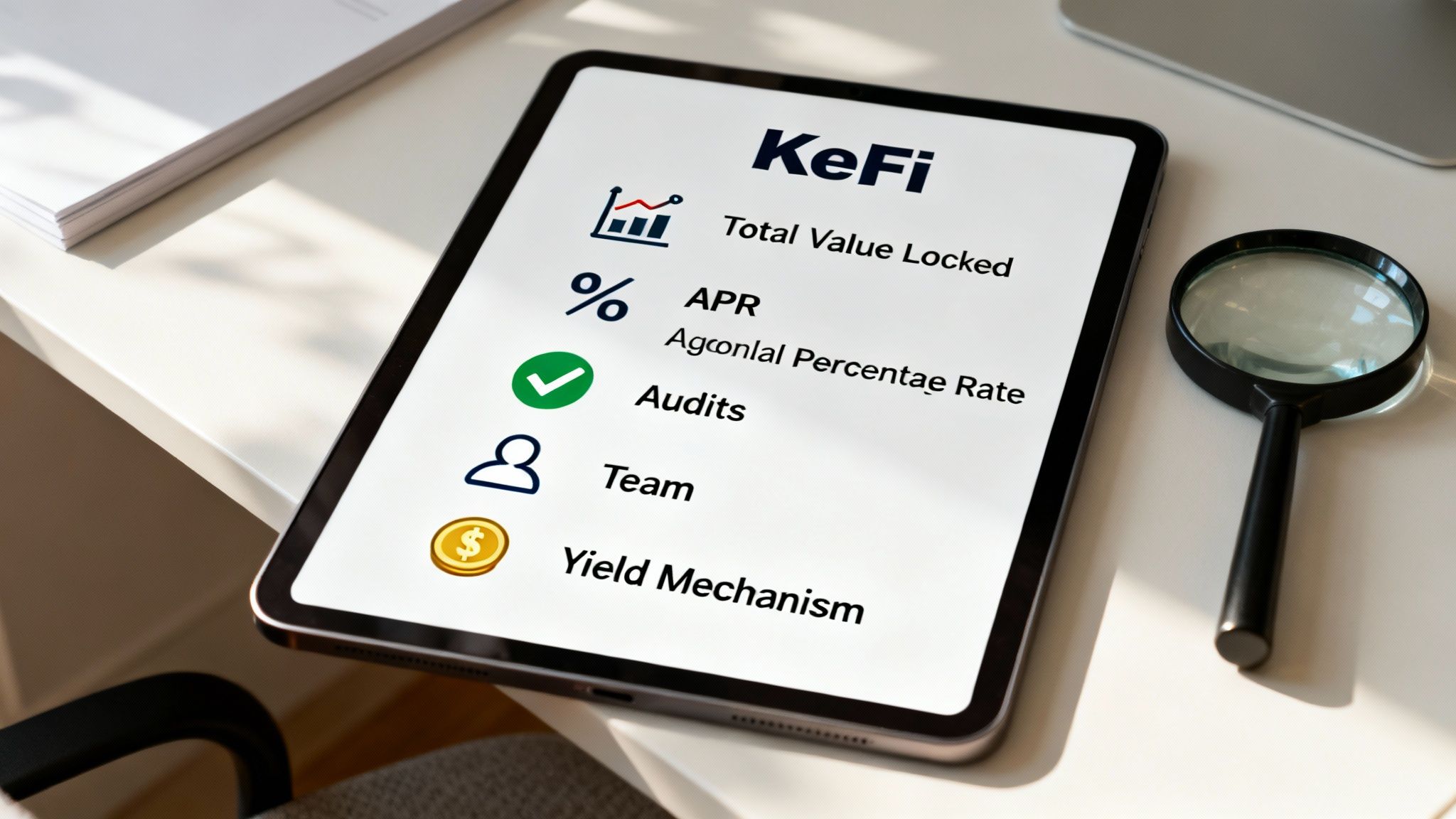 A tablet on a white desk displays 'KeFi' protocol details including TVL, APR, Audits, Team, and Yield Mechanism.