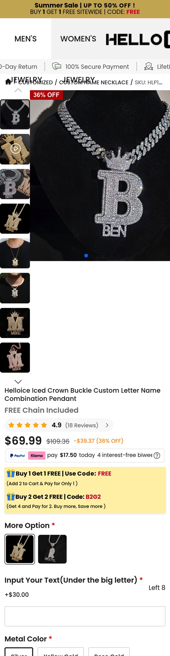 Jewelry product options include: pendant for Iced Crown Buckle Custom Letter Name Combination Pendant from Hello Ice.