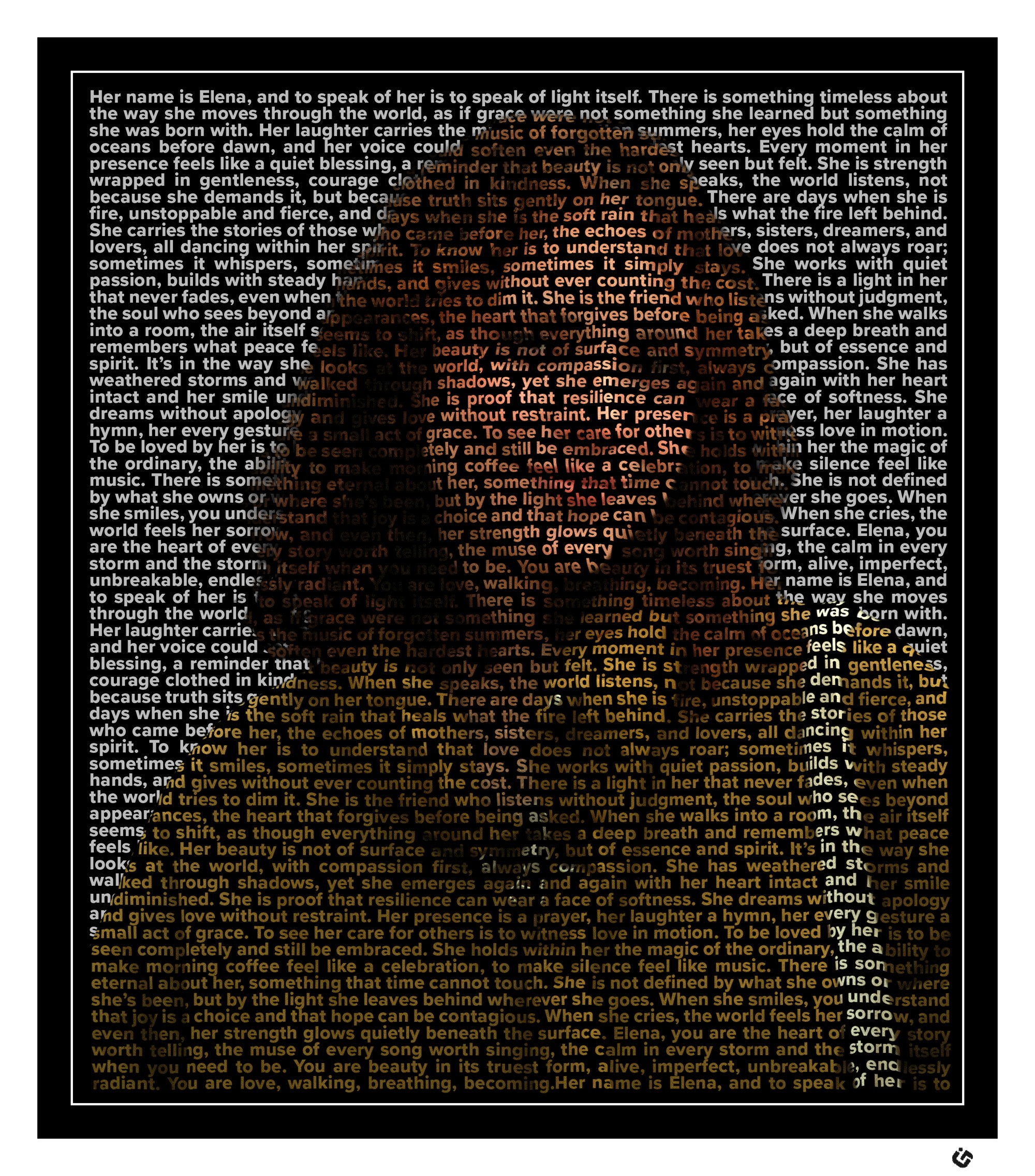Sample custom text portrait artwork of a woman created entirely from words, shown with a thin white border, black frame, and white mat.