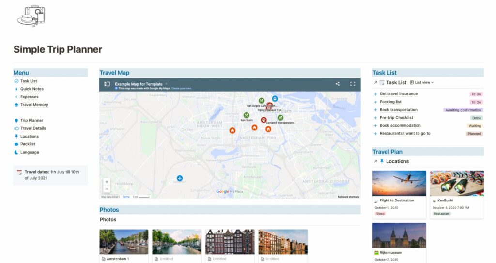 Free Notion Templates Simple Trip Planner