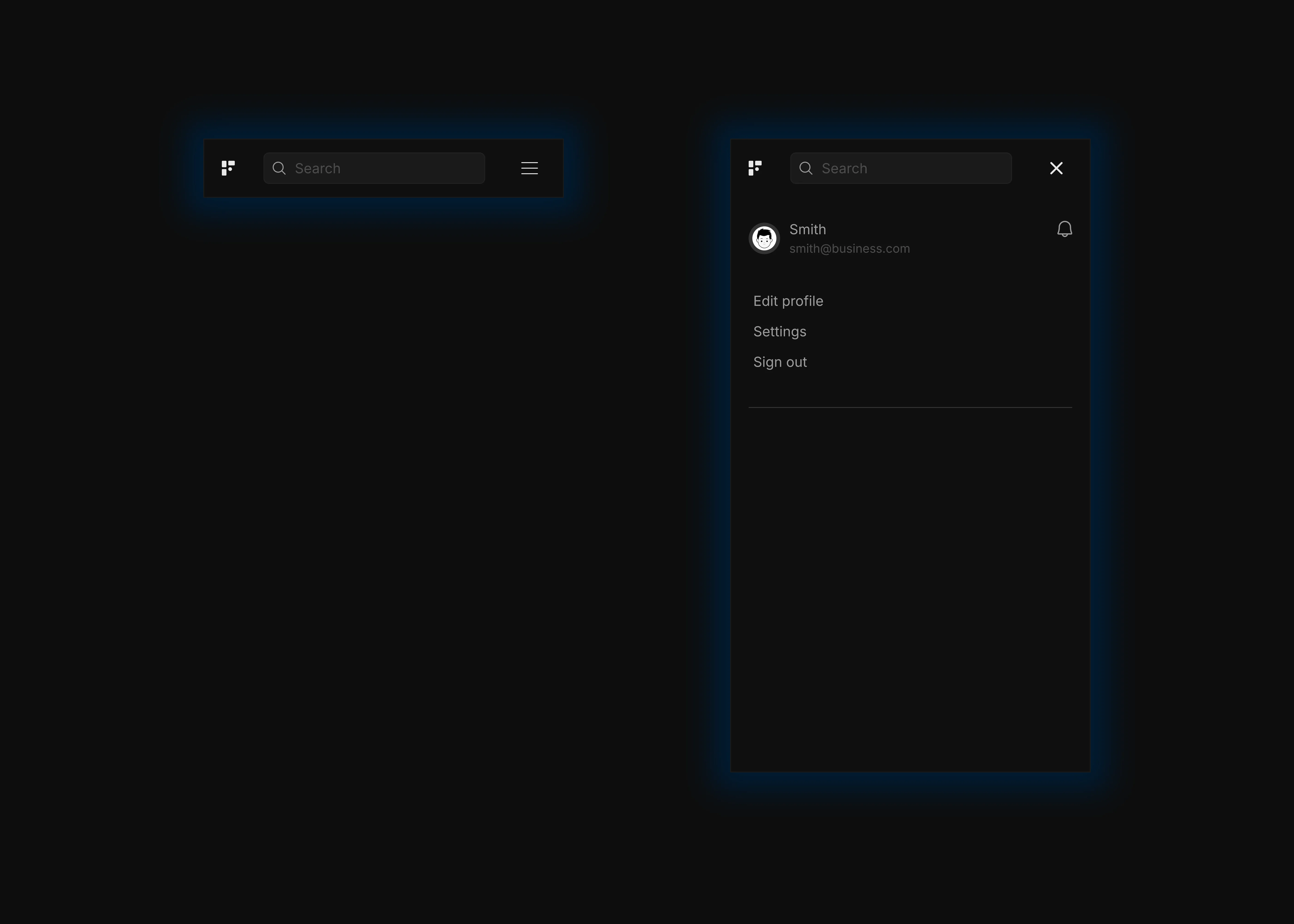 A dark themed simple navigation bar with a search light box for tablet and mobile devices
