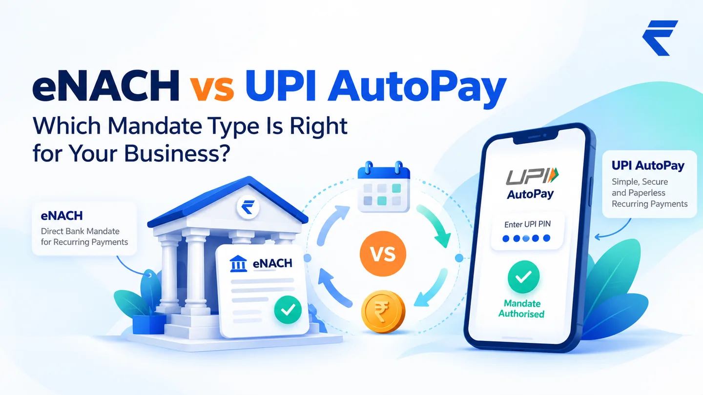 Illustration comparing eNACH, a bank building with a mandate form, and UPI AutoPay, a phone asking for a UPI PIN, with a calendar and rupee coin between them