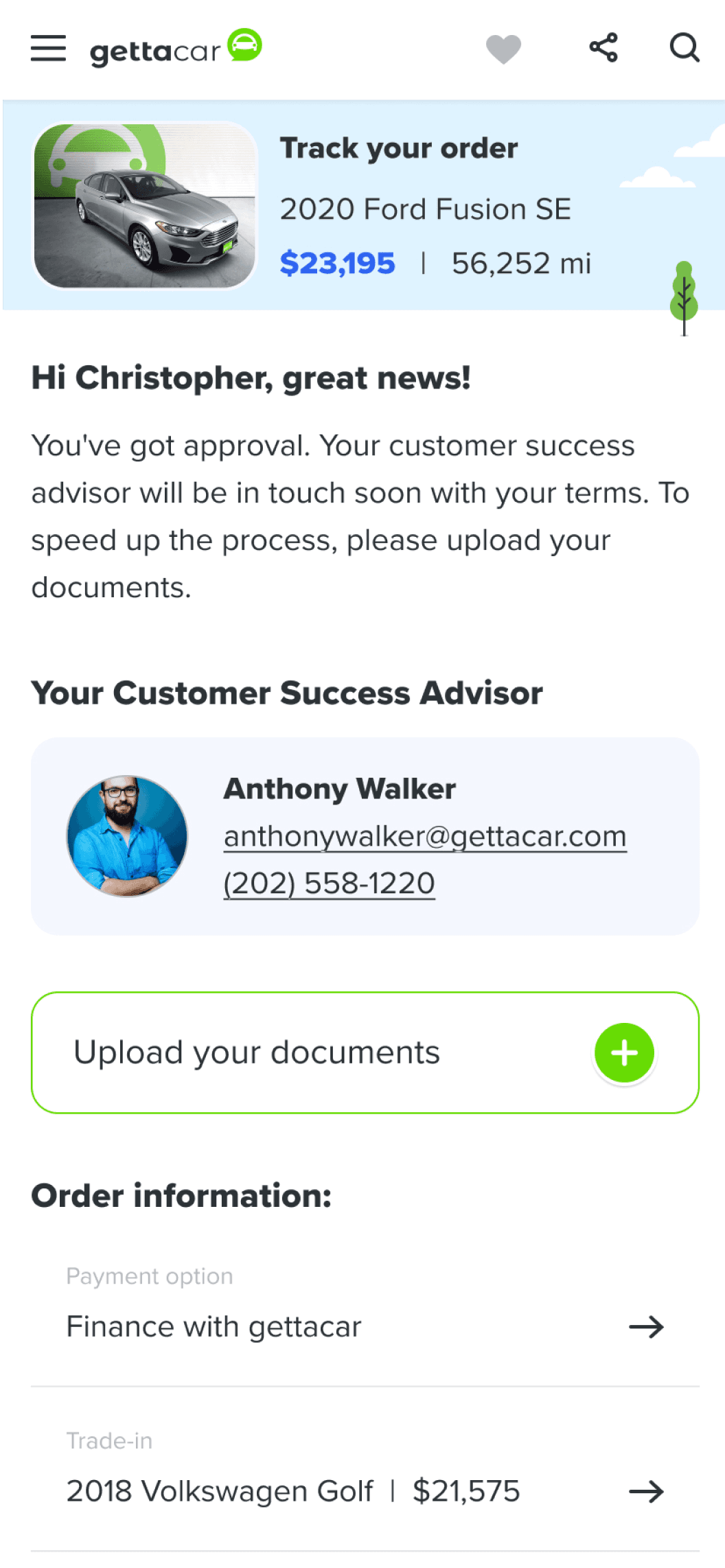 My account - loan approved - details the user's point of contact and any info we still need