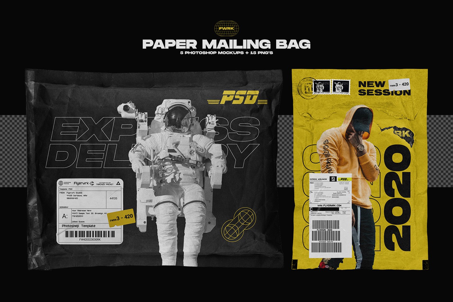 Paper mailing bag mockups with creative shipping bag design examples and labels