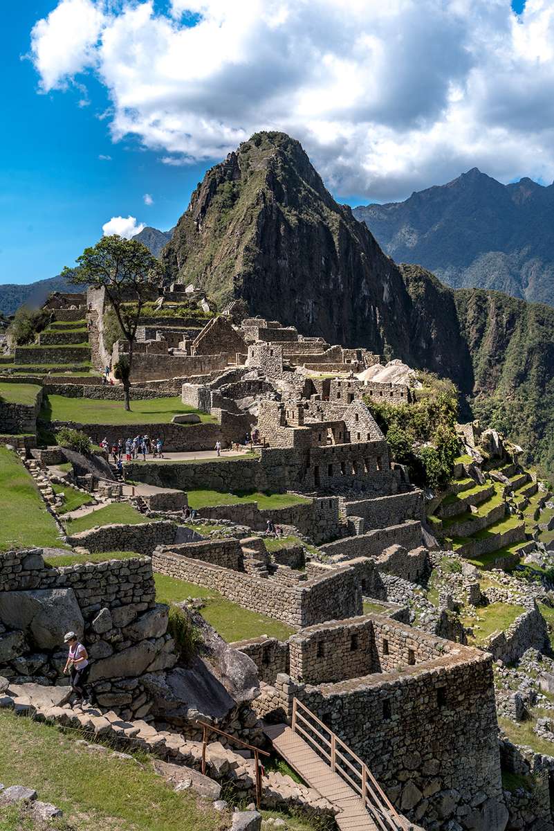 Stone ruins and terraced fields at Machu Picchu nestled against a steep mountain under a blue sky with white clouds.