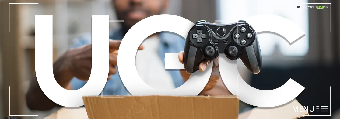 Sigla 'UGC' em grandes letras brancas sobreposta à imagem de uma pessoa fazendo unboxing e segurando um controle de videogame preto.