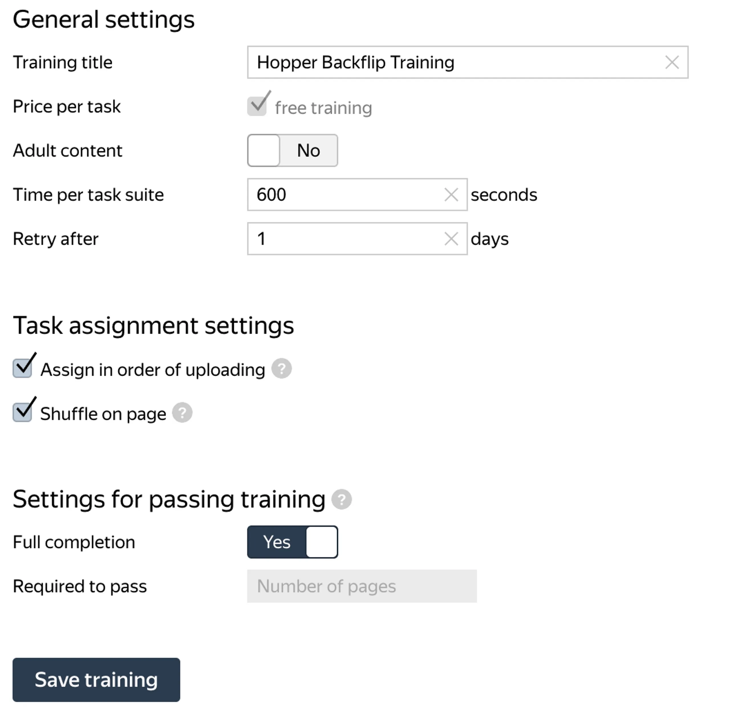 First, go to the "Training" tab on your project's page. Then, click "Add training". Now we need to configure the training pool. You can use my setting here