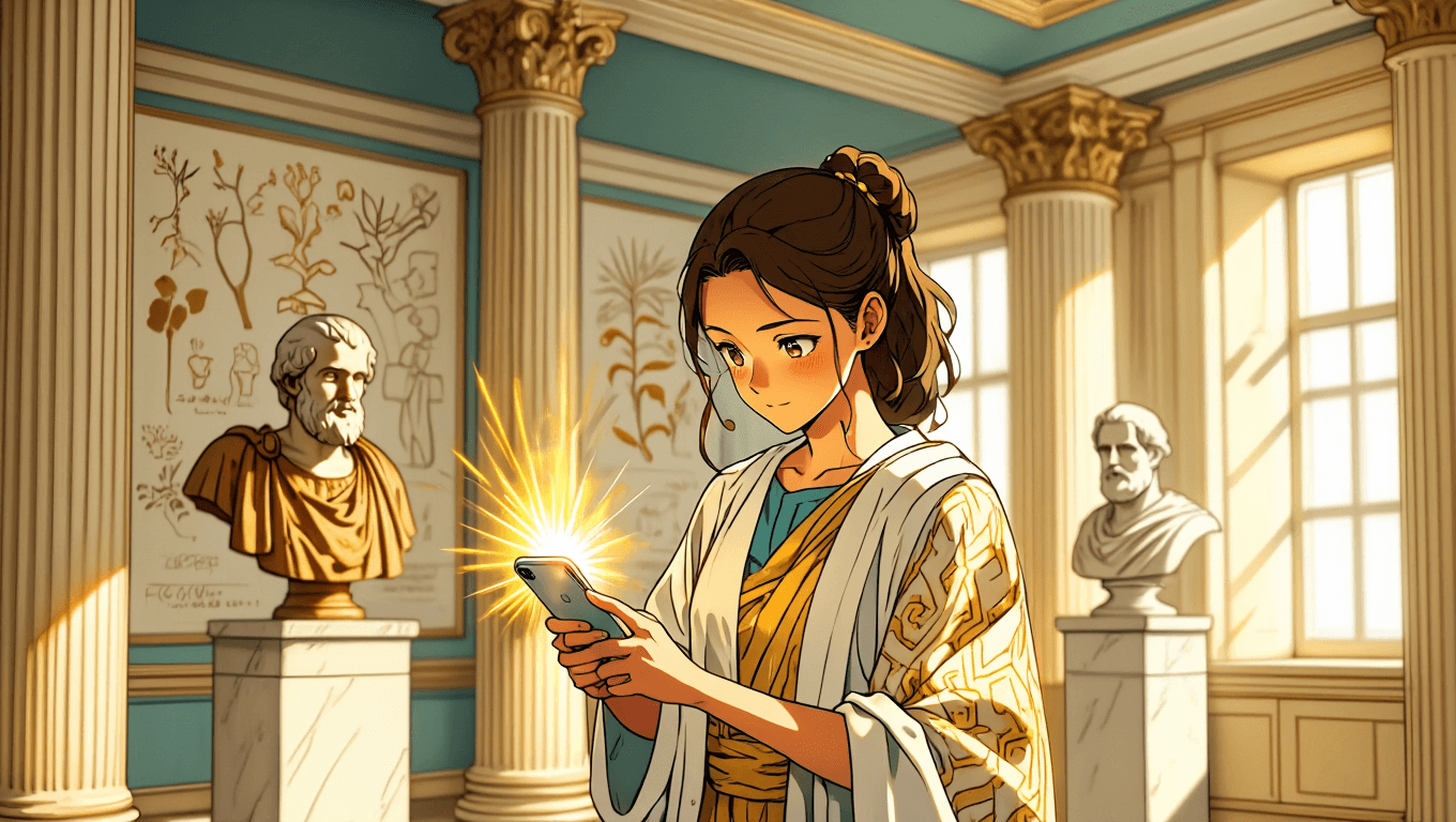 Pharmacy student with AI study app in neoclassical library