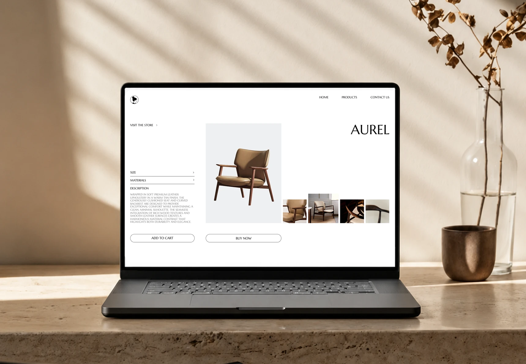 A laptop on a travertine shelf showing the Object 754 product page for the "Aurel" lounge chair in tan leather and walnut, with thumbnails and Add to Cart and Buy Now buttons.