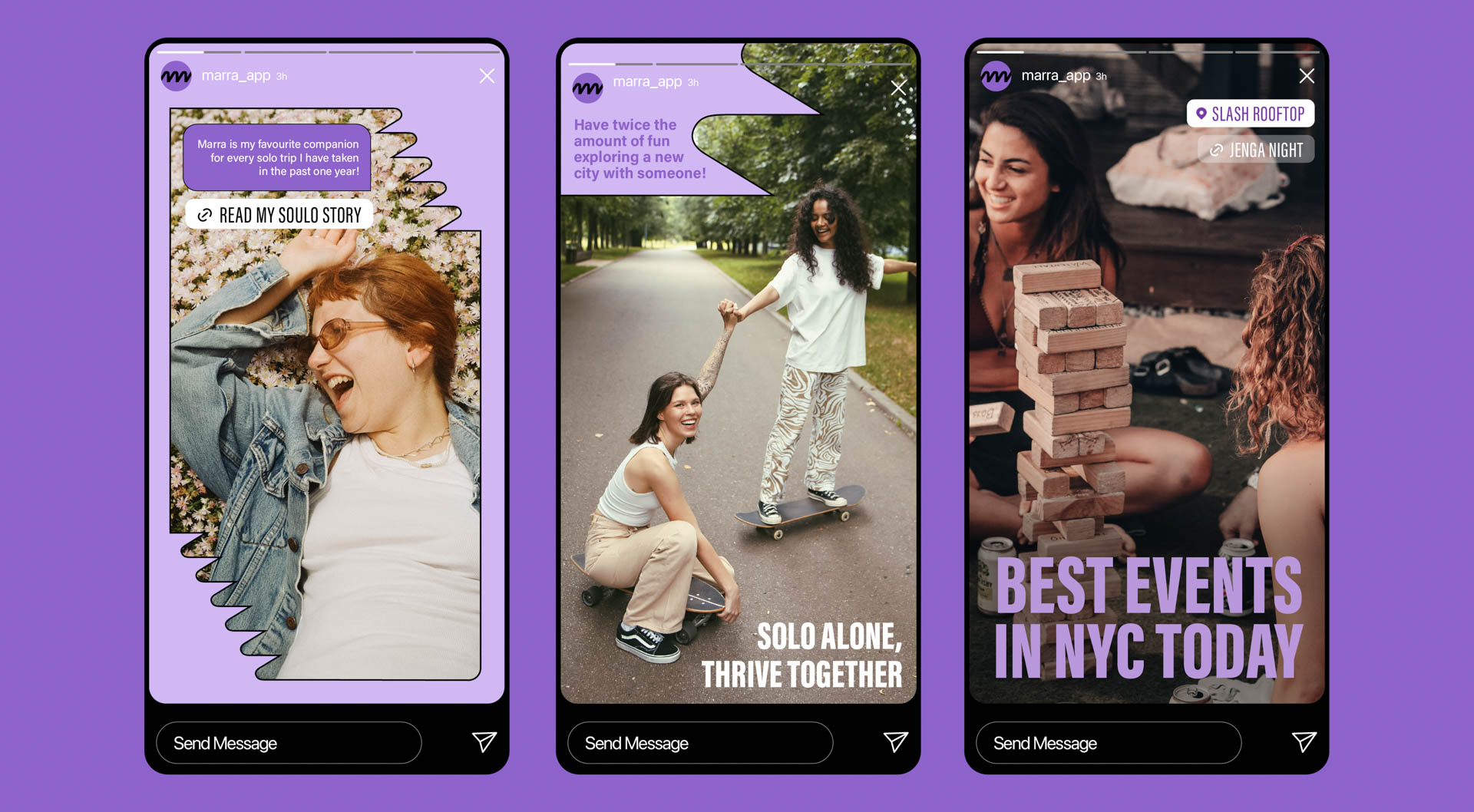 Three screenshots from Instagram Stories are displayed side by side. The leftmost screenshot shows a woman in a denim jacket and sunglasses, reacting with open mouth. The center screenshot depicts two women, one on a skateboard and the other holding her hand, walking on a paved path. The rightmost screenshot shows a woman sitting on grass with a stack of bricks, overlaid with “BEST EVENTS NYC TODAY.” Each screenshot includes text bubbles with messages and location tags.