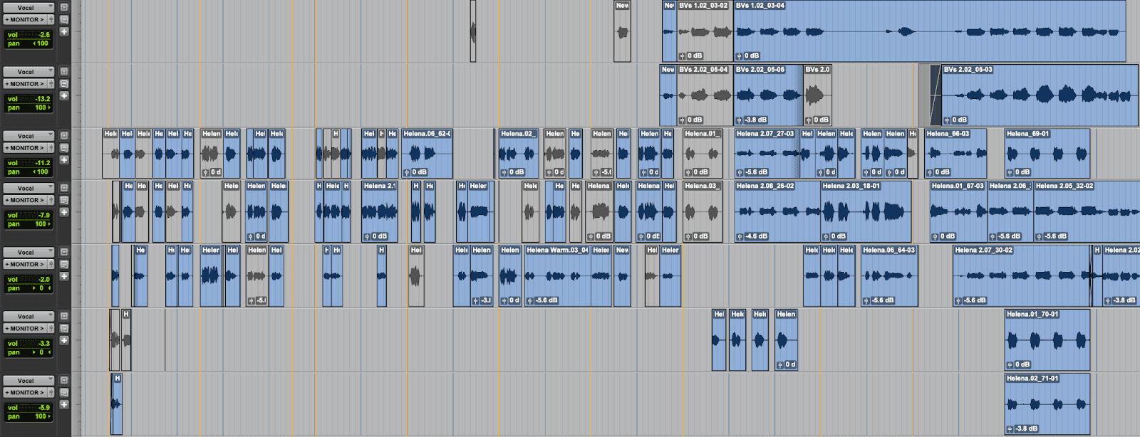 A DAW capture of different types of vocal layers