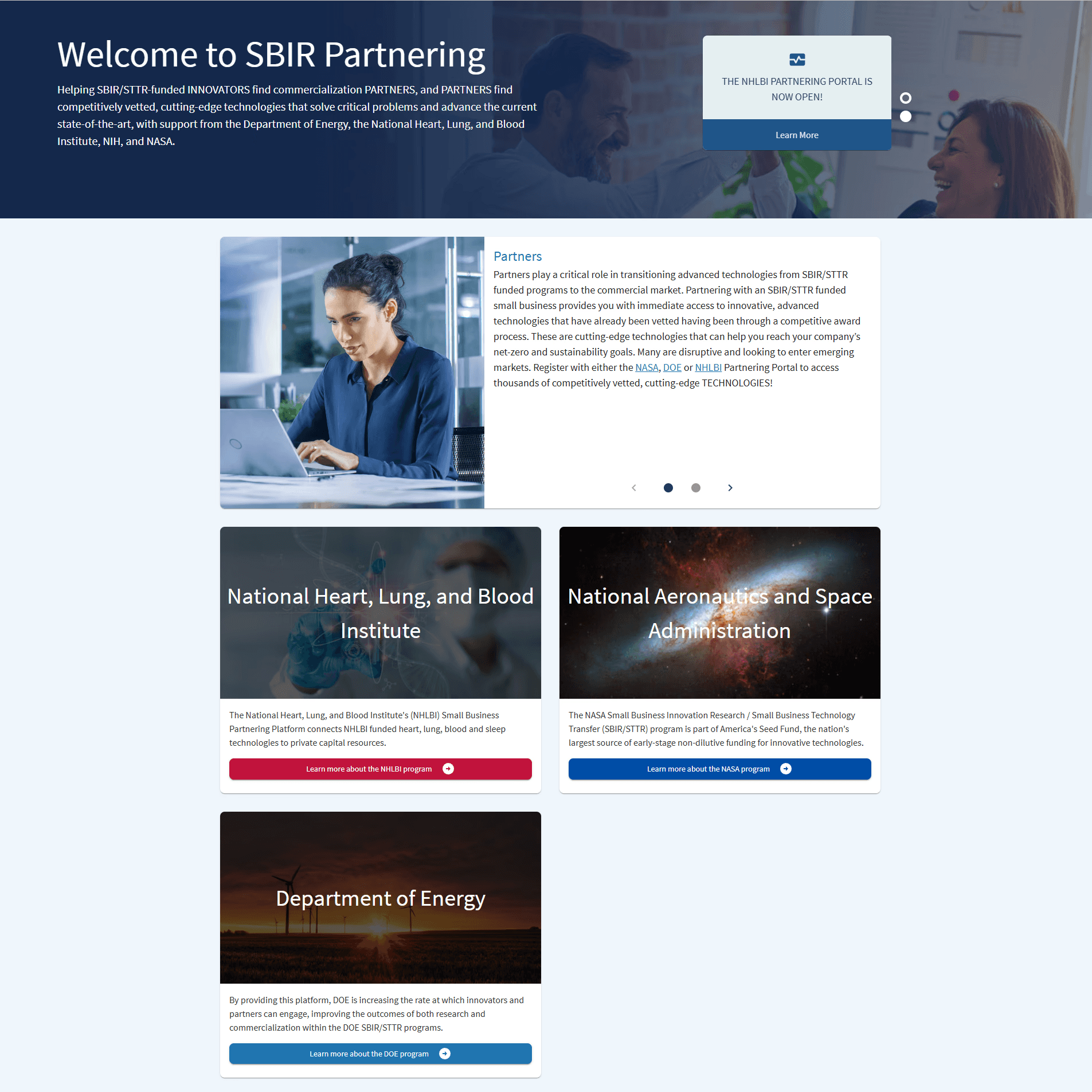 Screenshot of SBIR Partnering home page