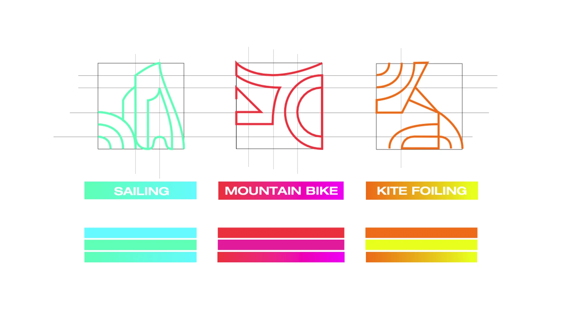Planche présentant les trois concepts visuels adaptés Sailing Mountain Bike et Kite Foiling