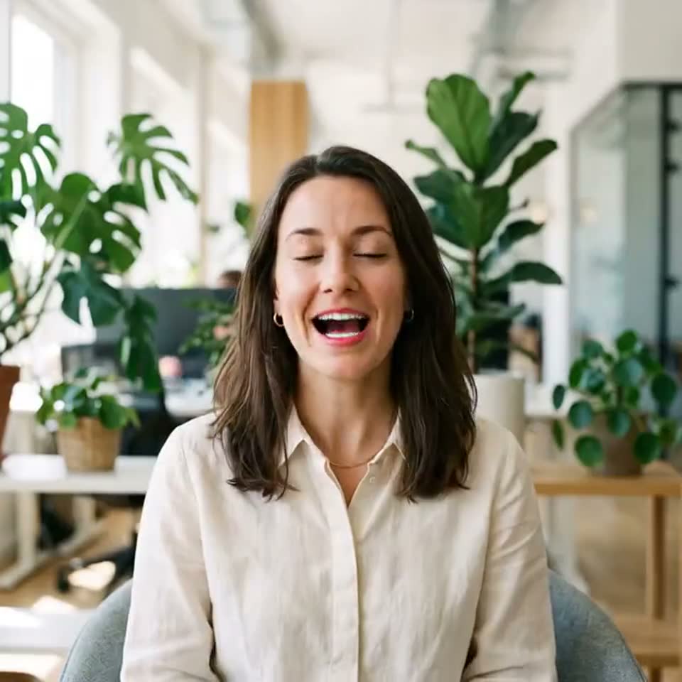A woman speaking to camera in a bright office, made with the Protoface AI talking photo generator