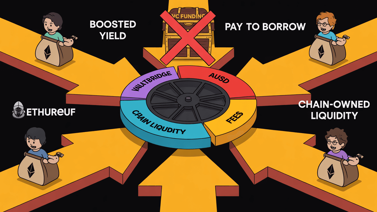 Digital flywheel with VaultBridge AUSD liquidity fees labels and VC funding crossed out