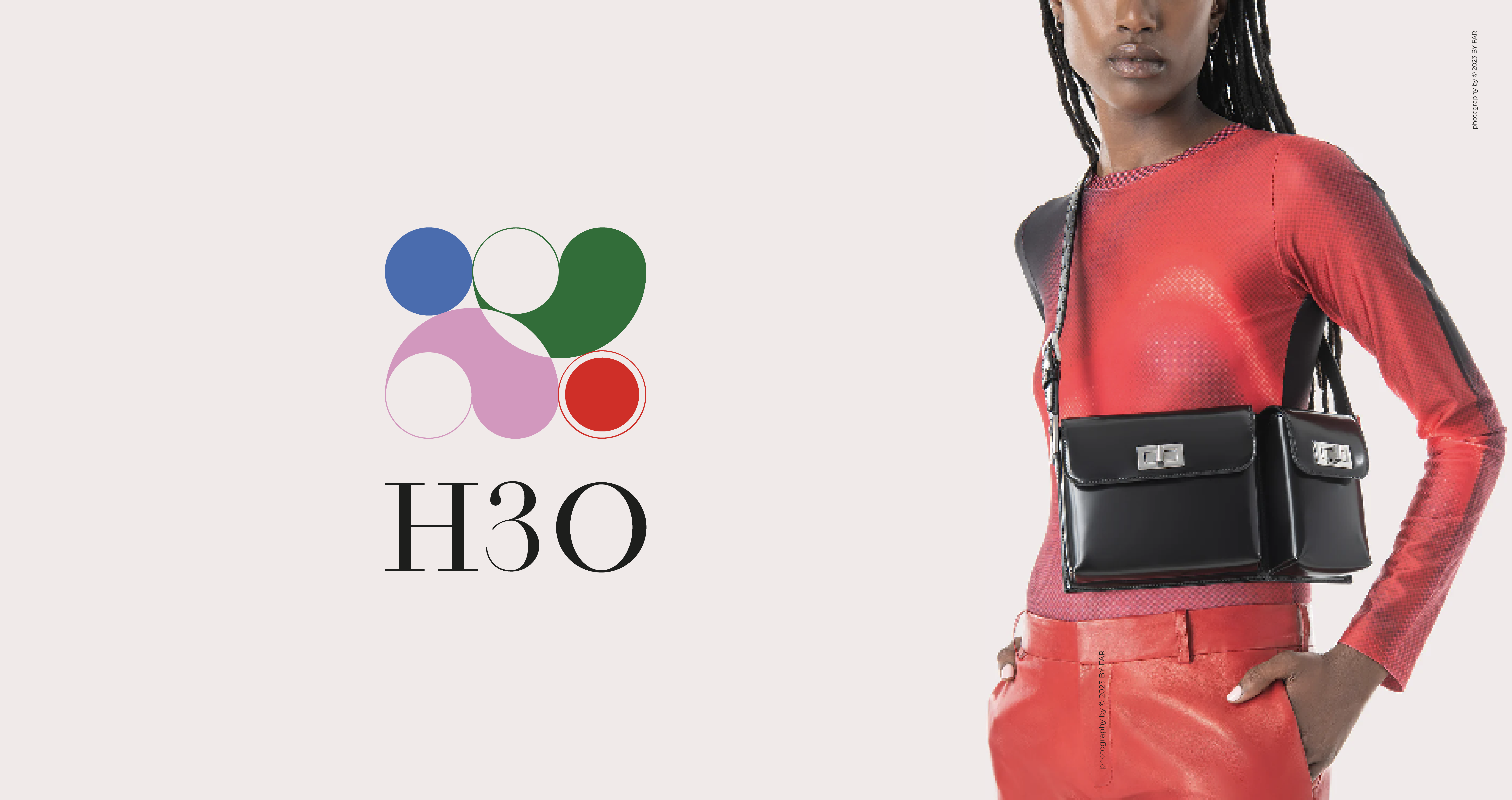 H3O logo lockup with colorful circles next to a fashion model wearing a bag, presenting the high fashion curator identity.