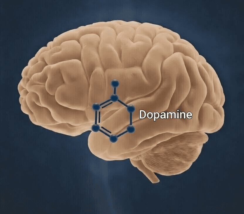 Conceptual brain illustration highlighting dopamine with molecular visuals representing reward and motivation
