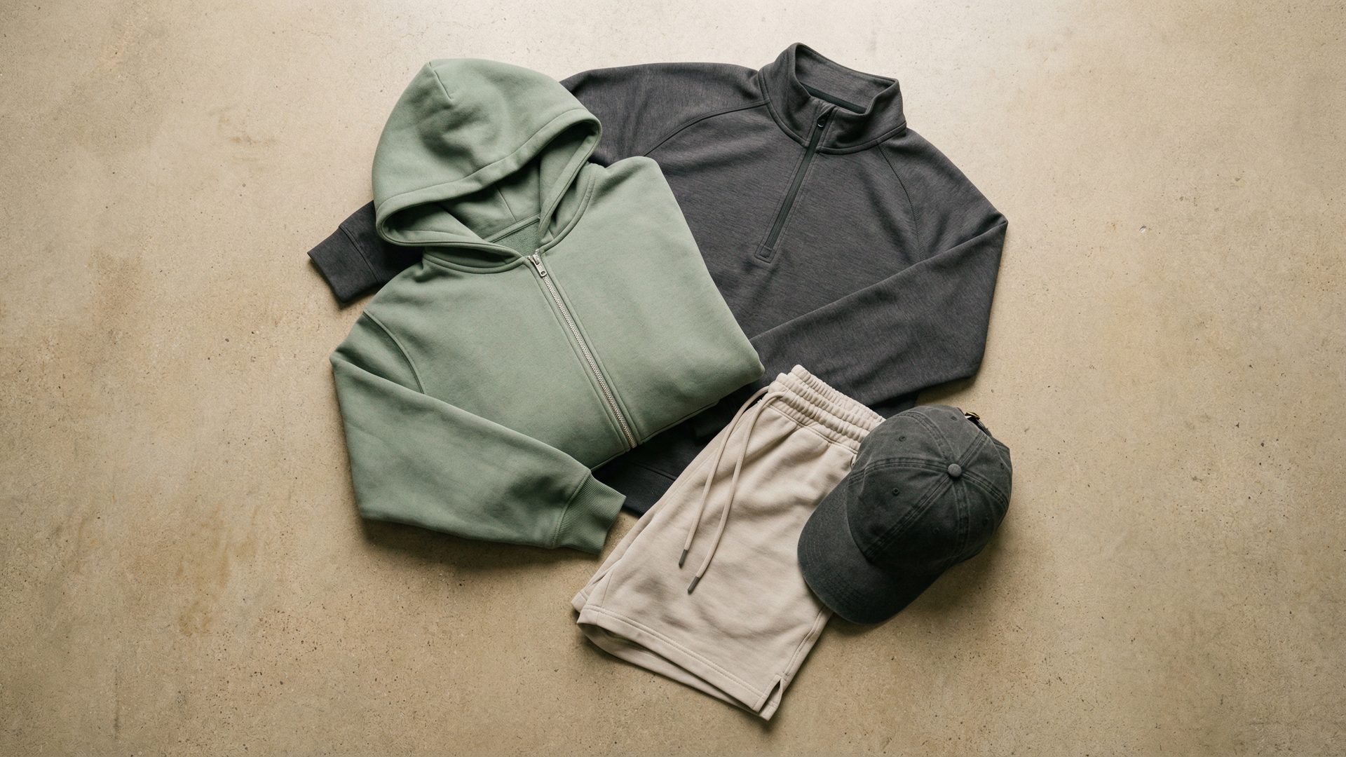 A top-down flat-lay of a cohesive premium apparel collection — a sage green zip hoodie, charcoal quarter-zip, stone shorts, and a washed cap — arranged on a warm concrete surface.