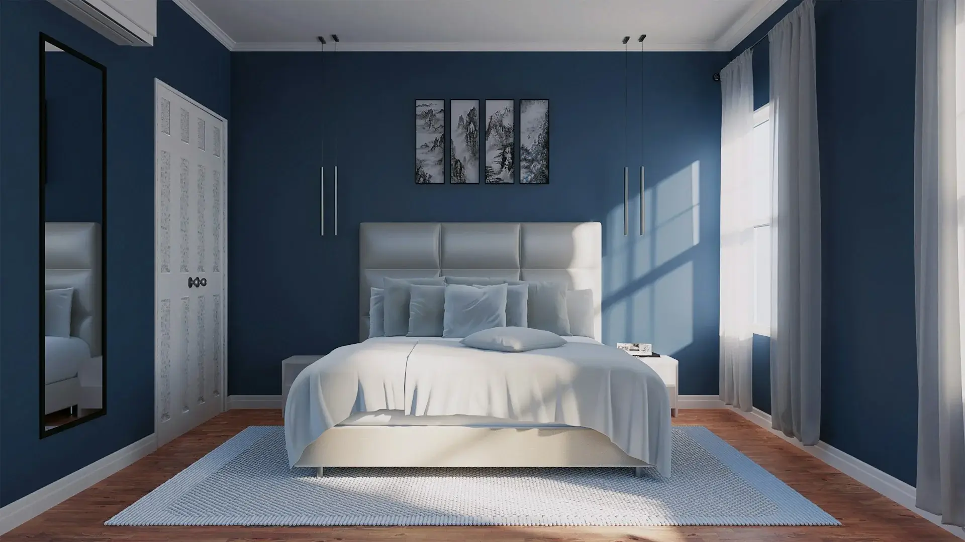 Minimal bedroom with blue walls and white bed.