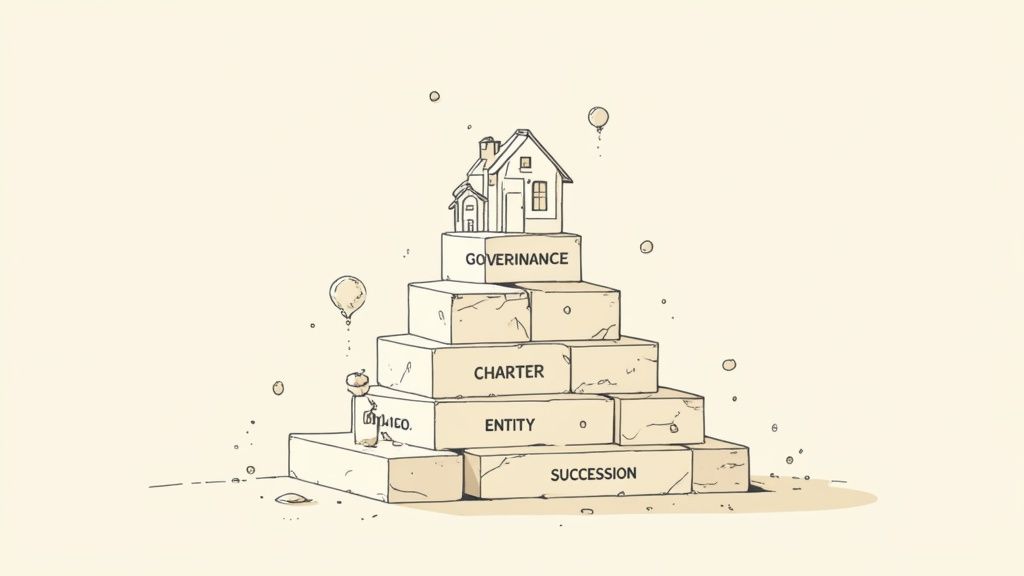 A pyramid of blocks labeled Succession, Entity, Charter, and Governance, topped with a house, representing a family office structure.