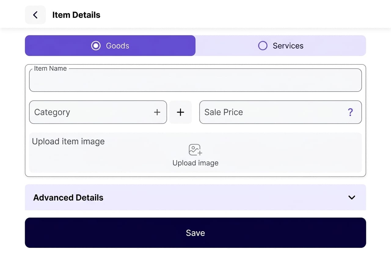 Add item screen in an ERP system.