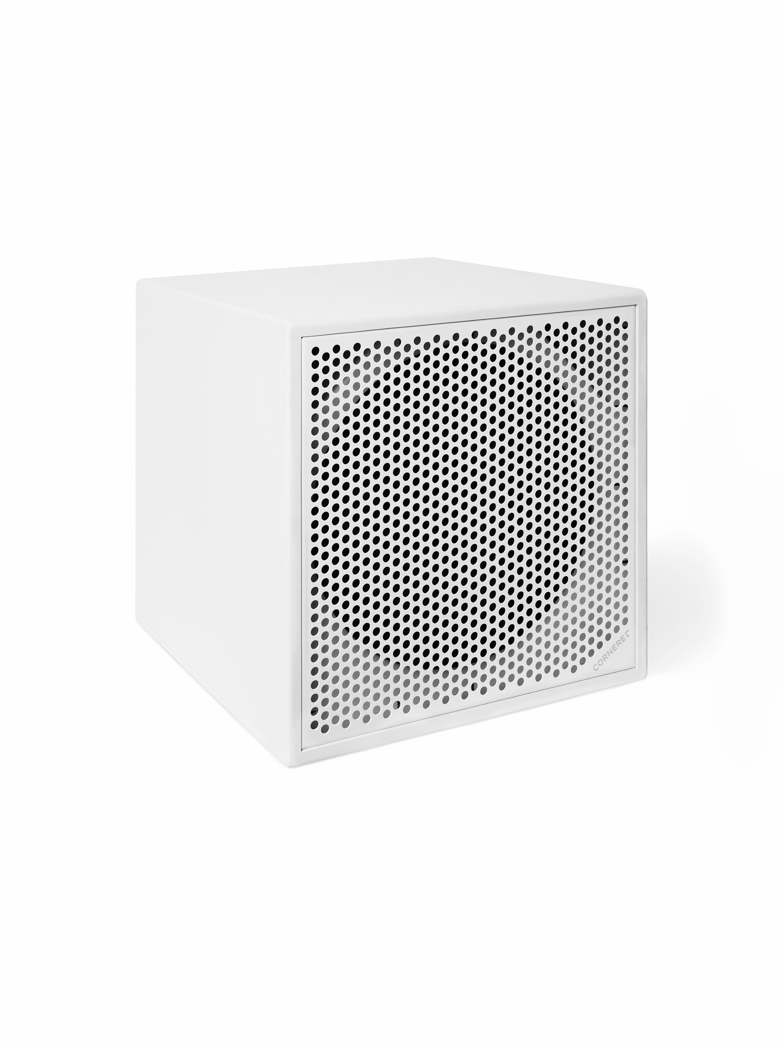 White cube speaker with perforated front grill