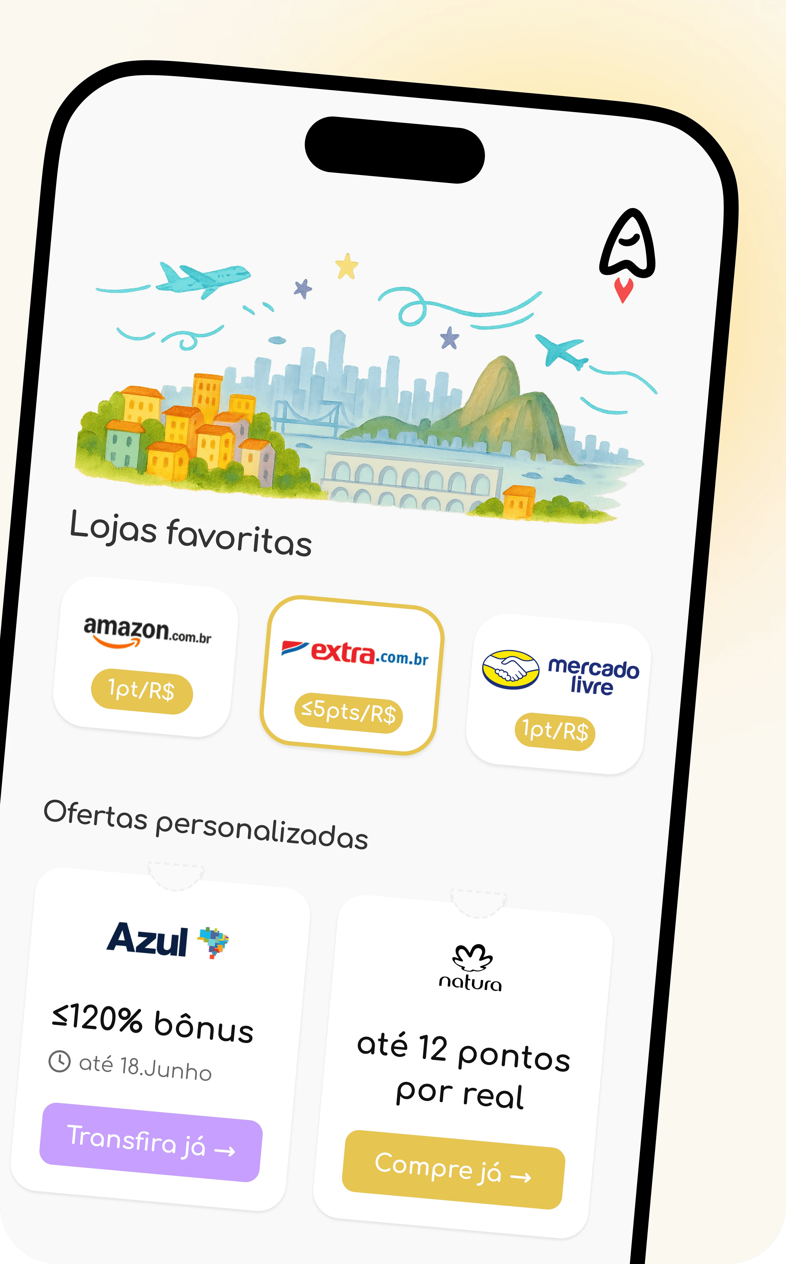 Interface do aplicativo AceleraPontos exibida em um smartphone, com ofertas personalizadas e acompanhamento de promoções de pontos e milhas.