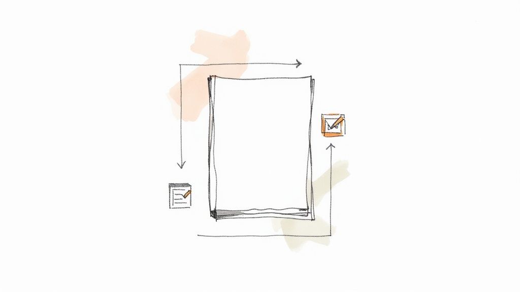 Sketch diagram showing content workflow with arrows and checkmark icons indicating approval process stages