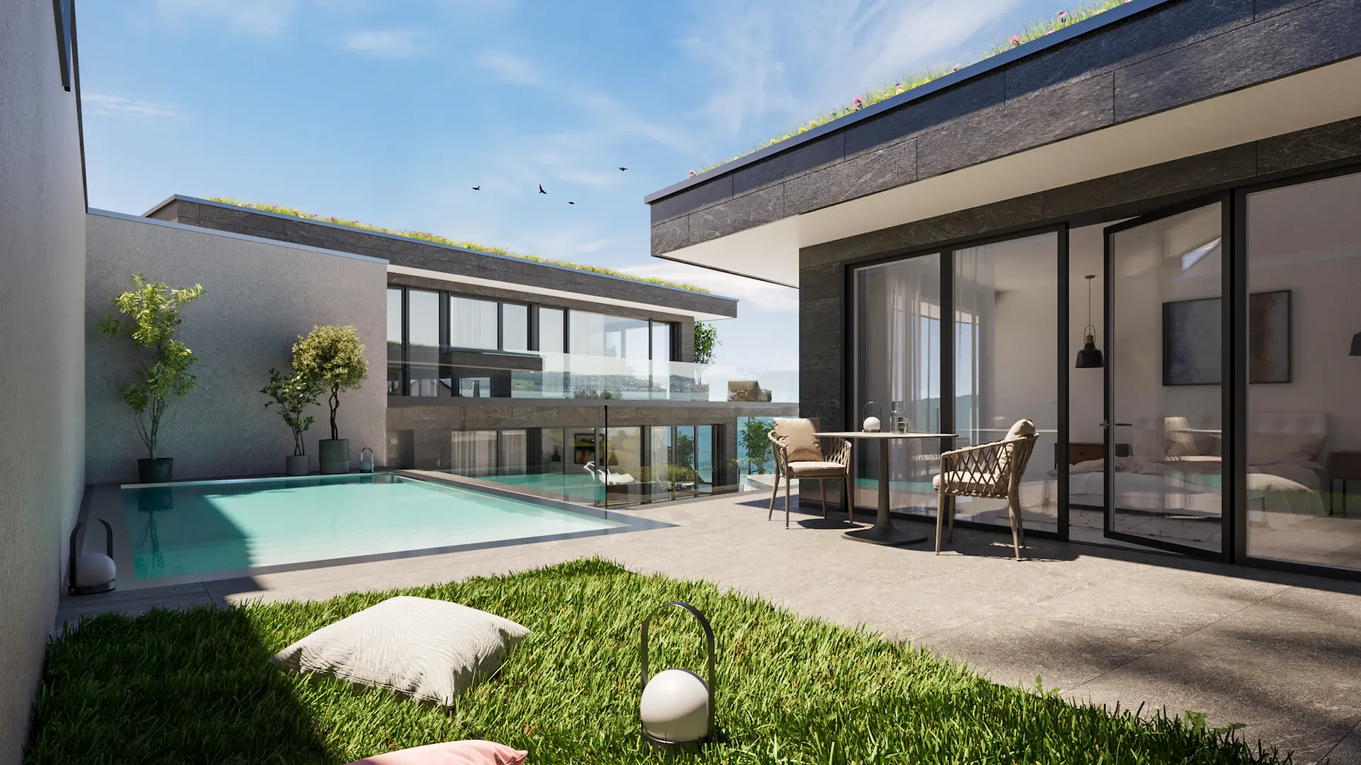 Fotorealistische Visualisierung der Attikawohnung mit Pool und Gartenbereich im Vordergrund.