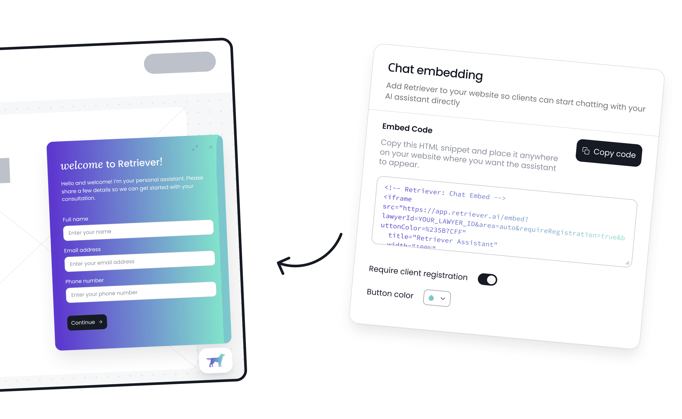 an image of Retriever’s chat embedding setup, showing how to generate and copy an HTML embed code to integrate the AI assistant into a website. The interface includes options to require client registration and customize button color.