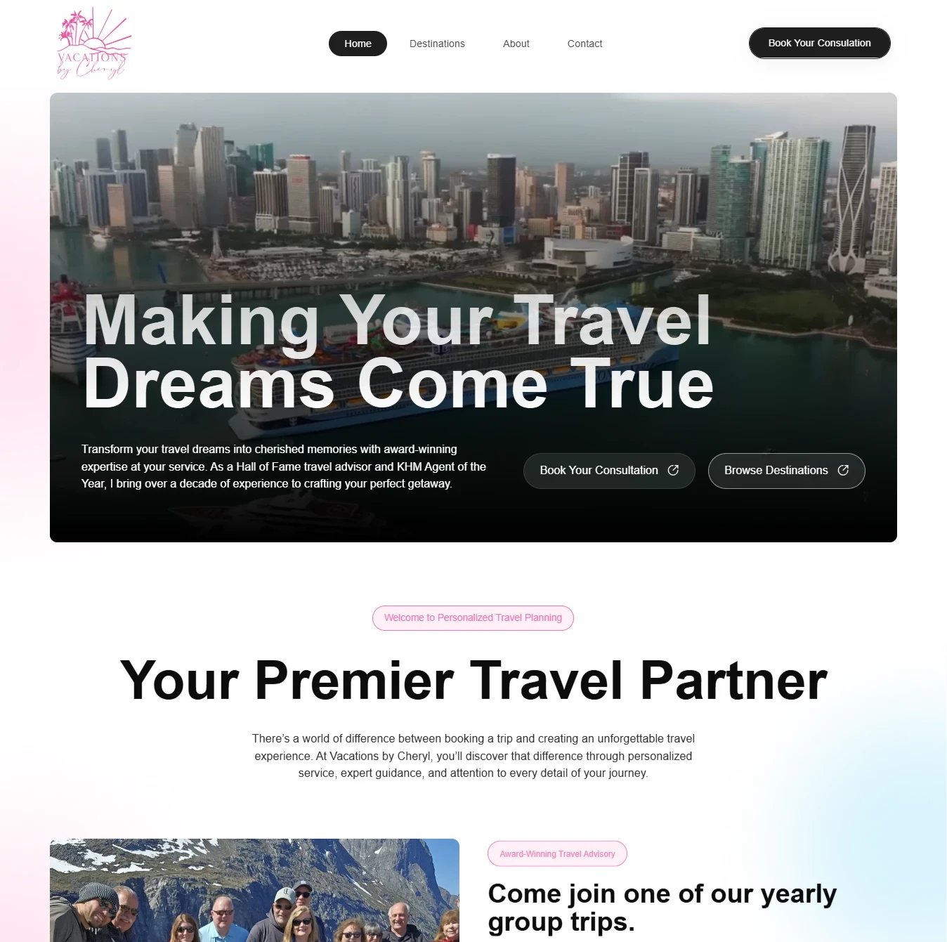 Vacations by Cheryl website design preview – luxury travel advisor and vacation planning web design by RJP.design Web Design Agency NYC, showcasing custom travel experiences and destination planning.