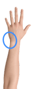 The left-side wrist, near the pinky