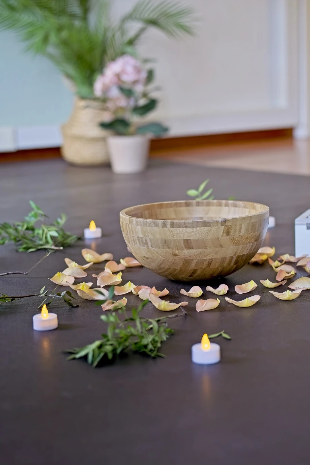 Yoga studio detail with flower petals