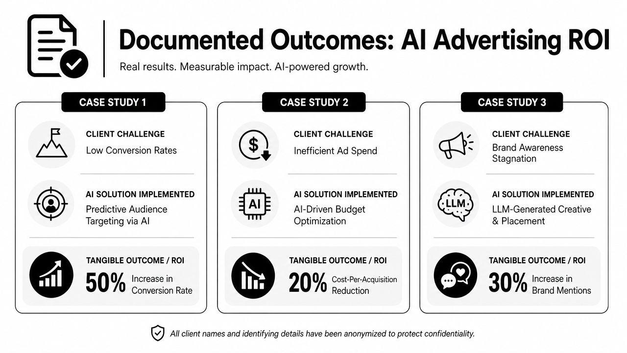 A document infographic showing three AI advertising case studies with challenges, solutions, and measurable growth results.