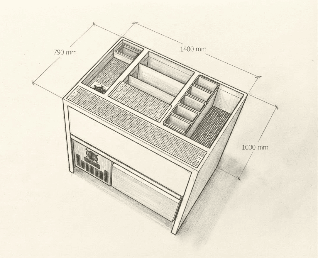 Custom undercounter workstation built for high-volume commercial bar operations