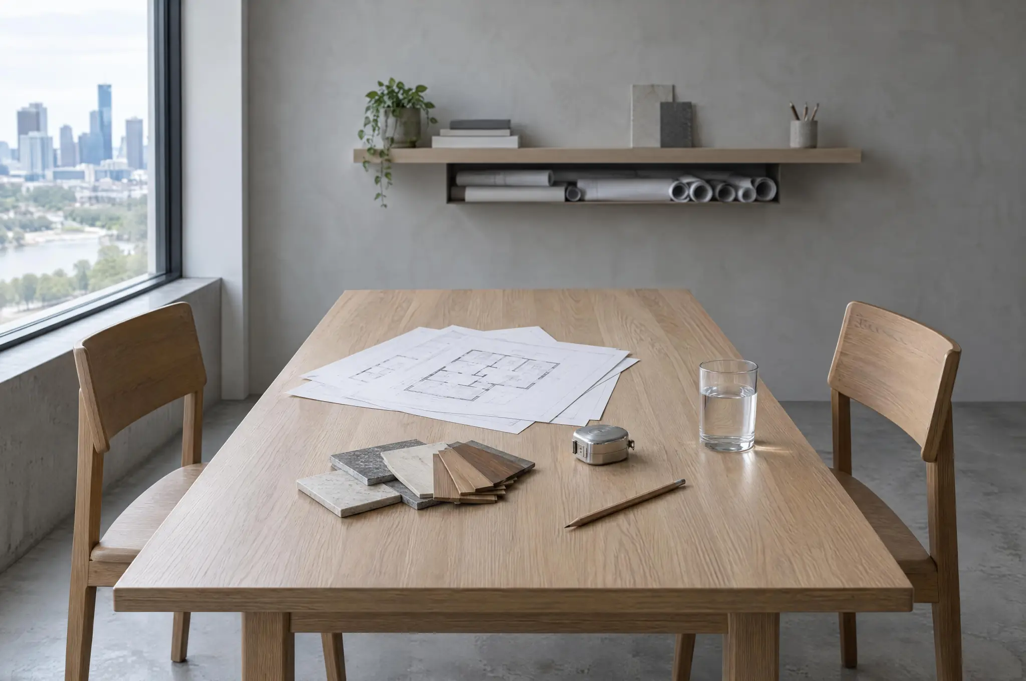 Studio meeting table by a window set for a first client conversation, with printed floor plans
