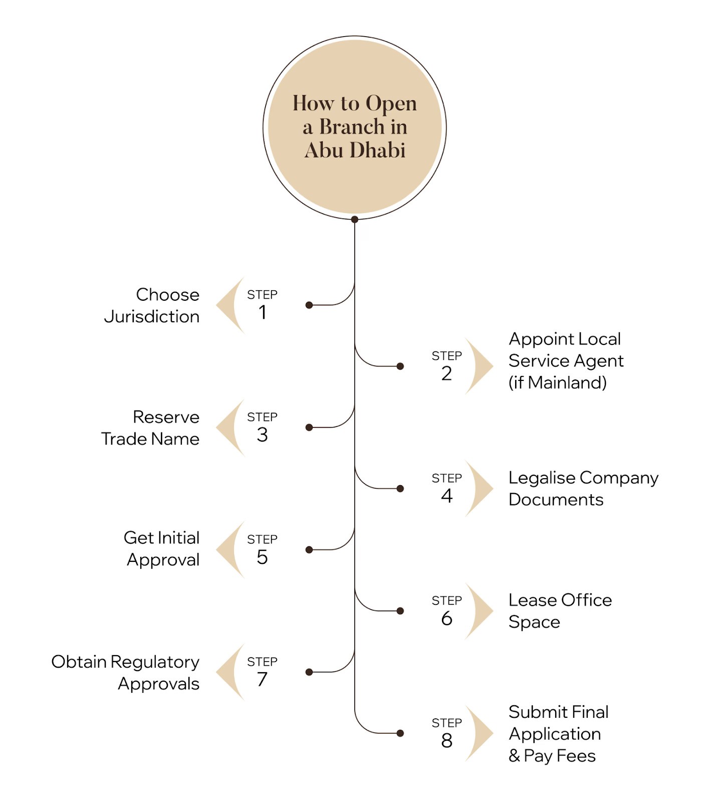  انفوجرافيك يشرح 8 خطوات عملية للبدء في فتح فرع شركة في أبوظبي، بدءاً من اختيار الولاية القضائية وحجز الاسم التجاري وصولاً إلى استئجار المقر واستلام الترخيص النهائي بنجاح.
