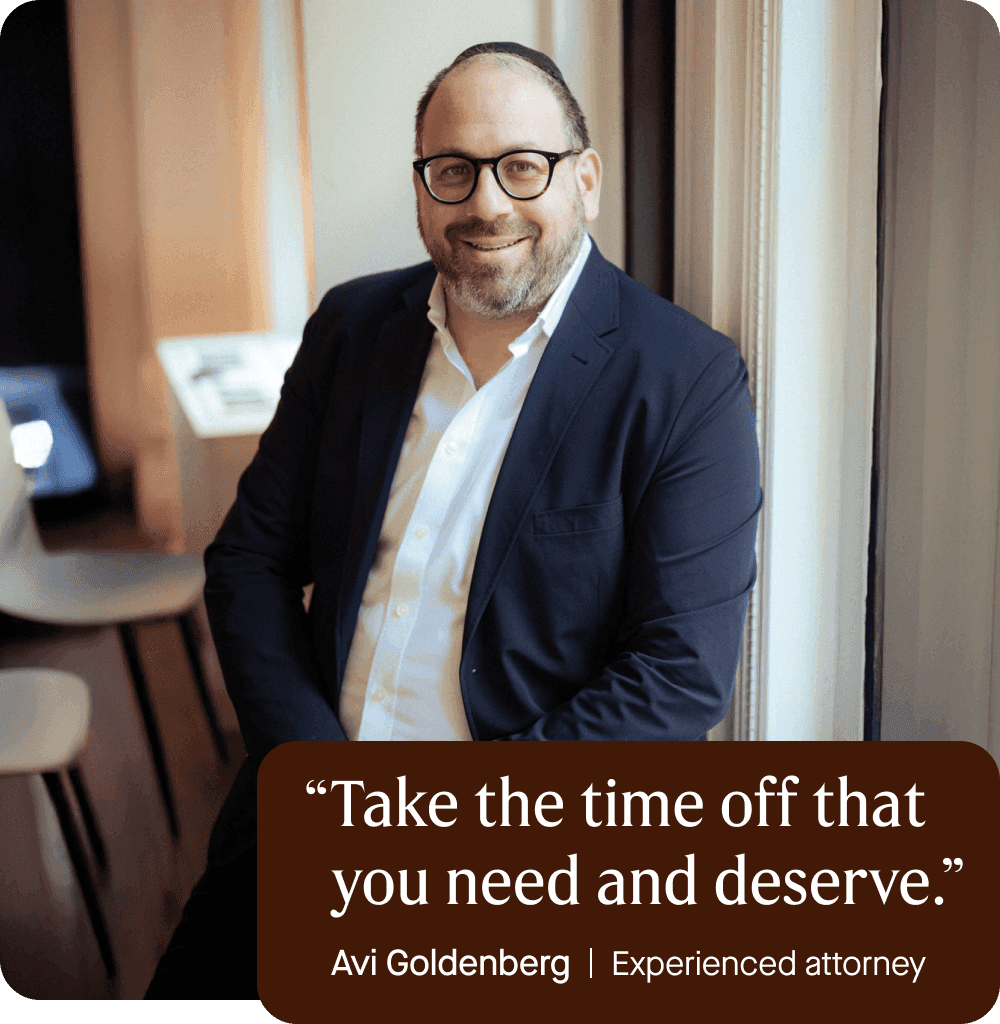 Image of Avi Goldenberg, Employment Lawyer, in his office wearing a button down shirt and suit jacket, wearing glasses. Quote overlaid.