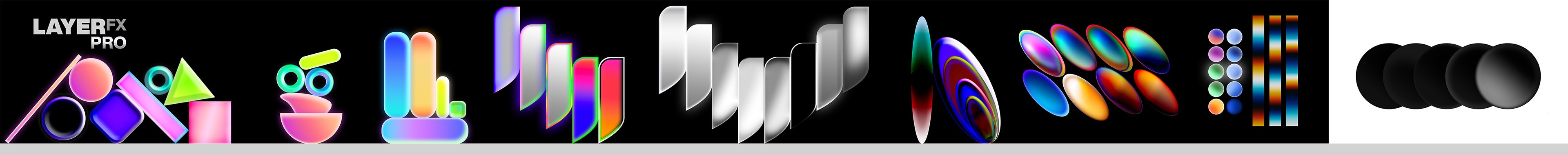 Banner showing multiple shapes with hyper modern layerstyles on each shape