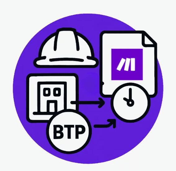 Icône automatisation Make BTP construction CRM devis factures reporting